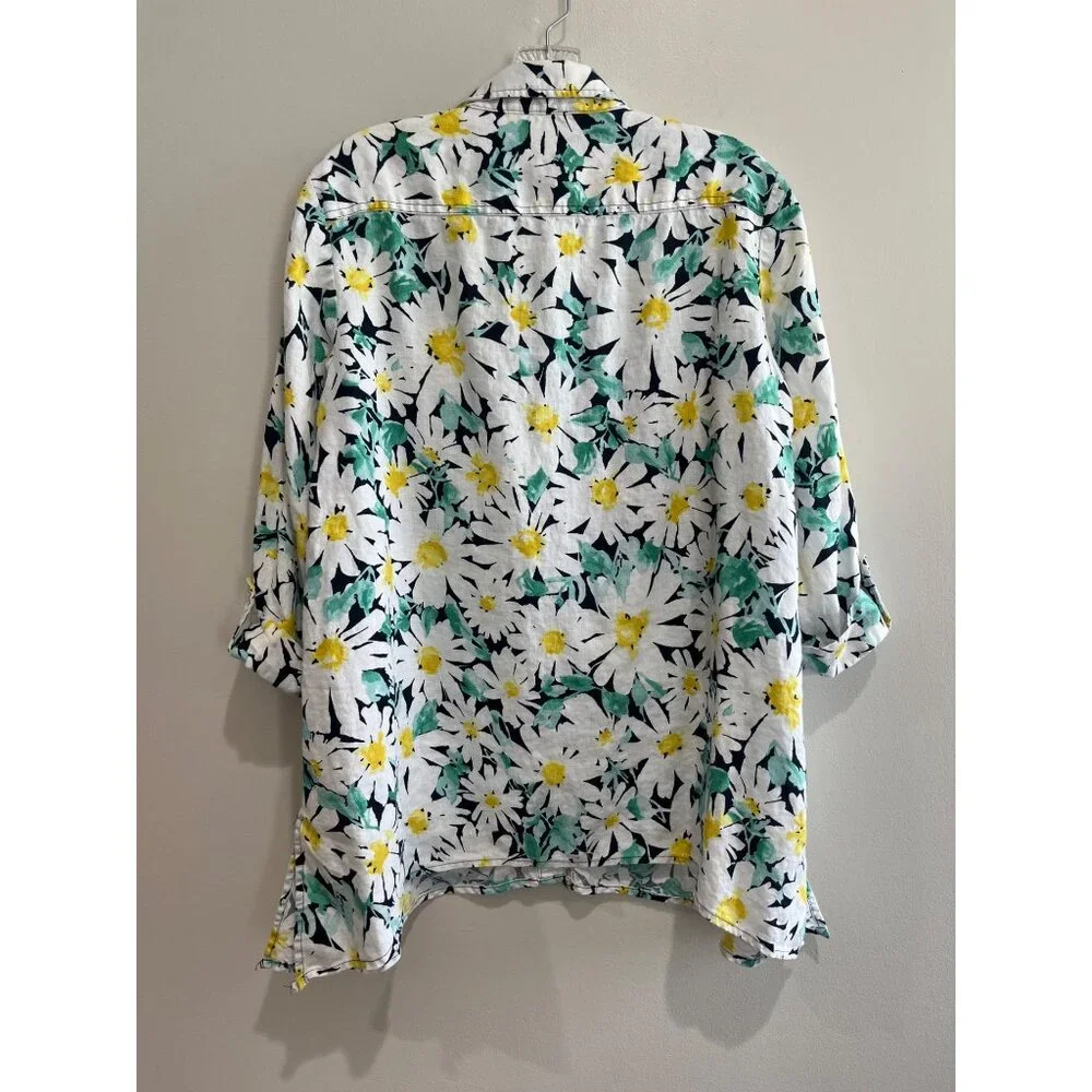 Jones New York 100% Linen Button Up Shirt Womens M Daisy Print 3/4 Sleeve - Picture 6 of 9